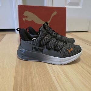 Puma Kids Gray and Black Knit Sneaker with Orange Logo